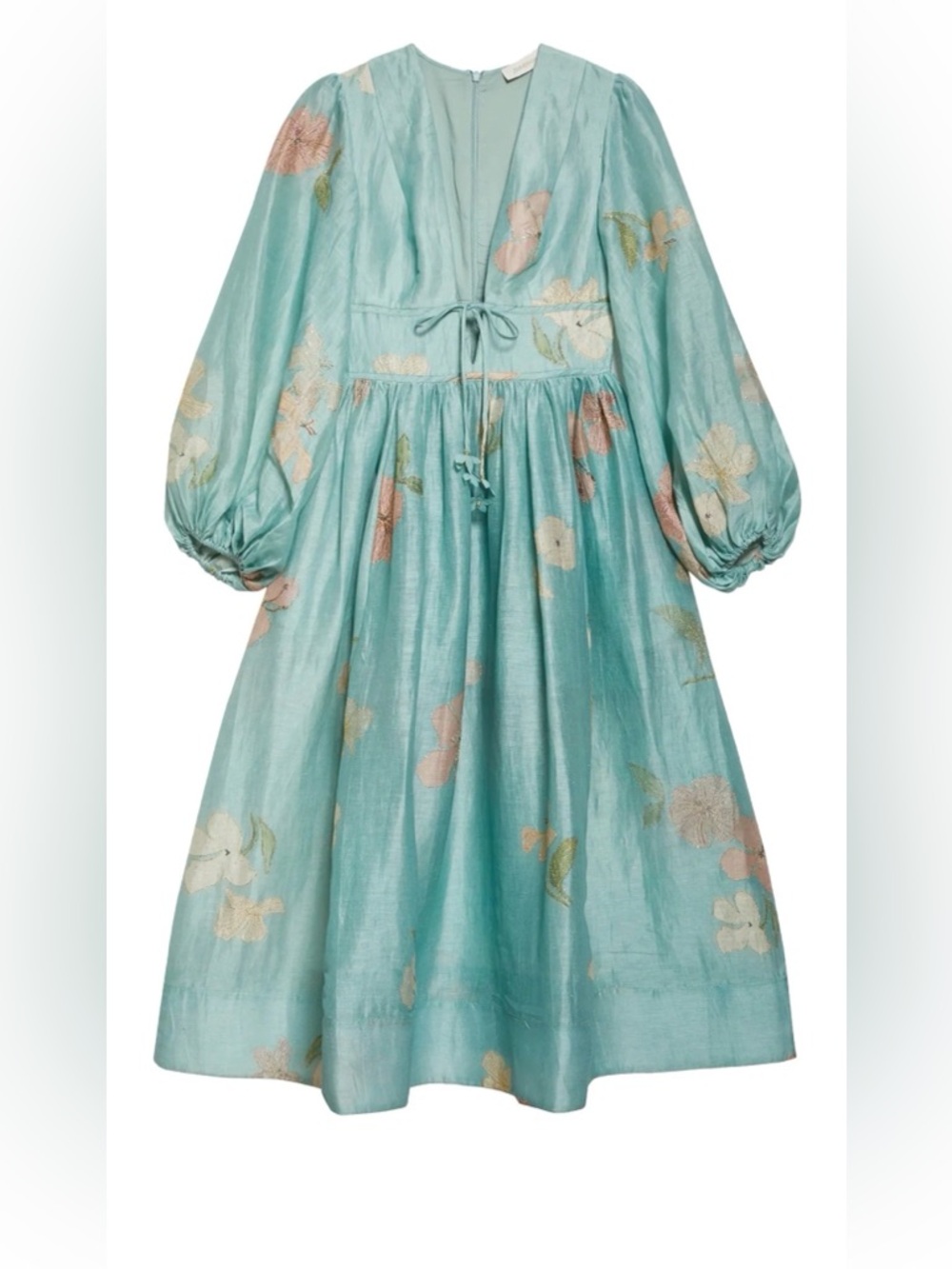 Zimmermann Drawn Metallic Floral Long Sleeve Linen & Silk Dress